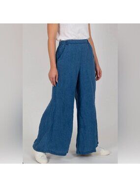 CP Shades Linen Twill Wendy Wide Leg Pallazzo Pant Indigo Denim Blue MEDIUM